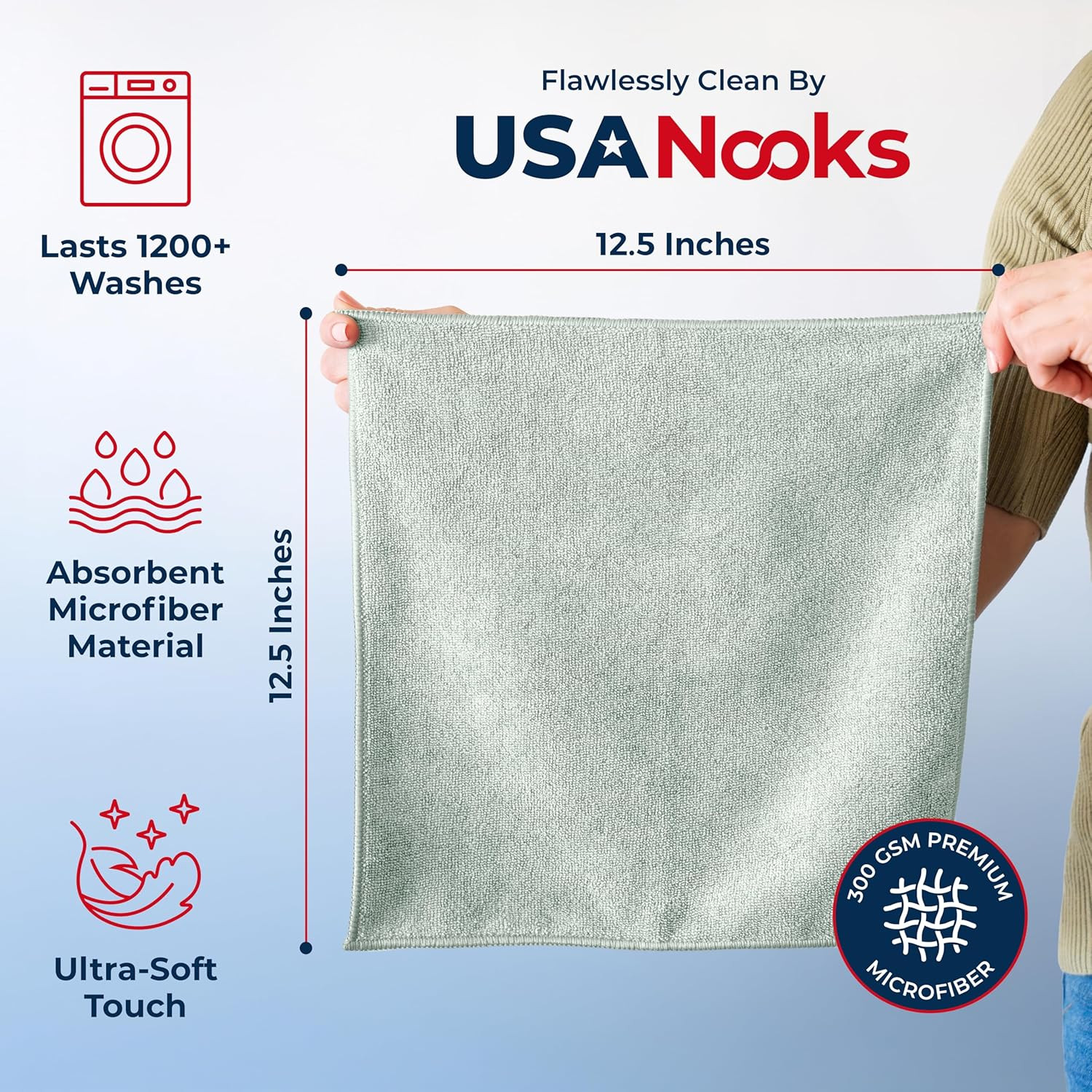 USANOOKS Microfiber Cleaning Cloth – Sea Green – 12Pcs (12.5X12.5 Inch) High Per