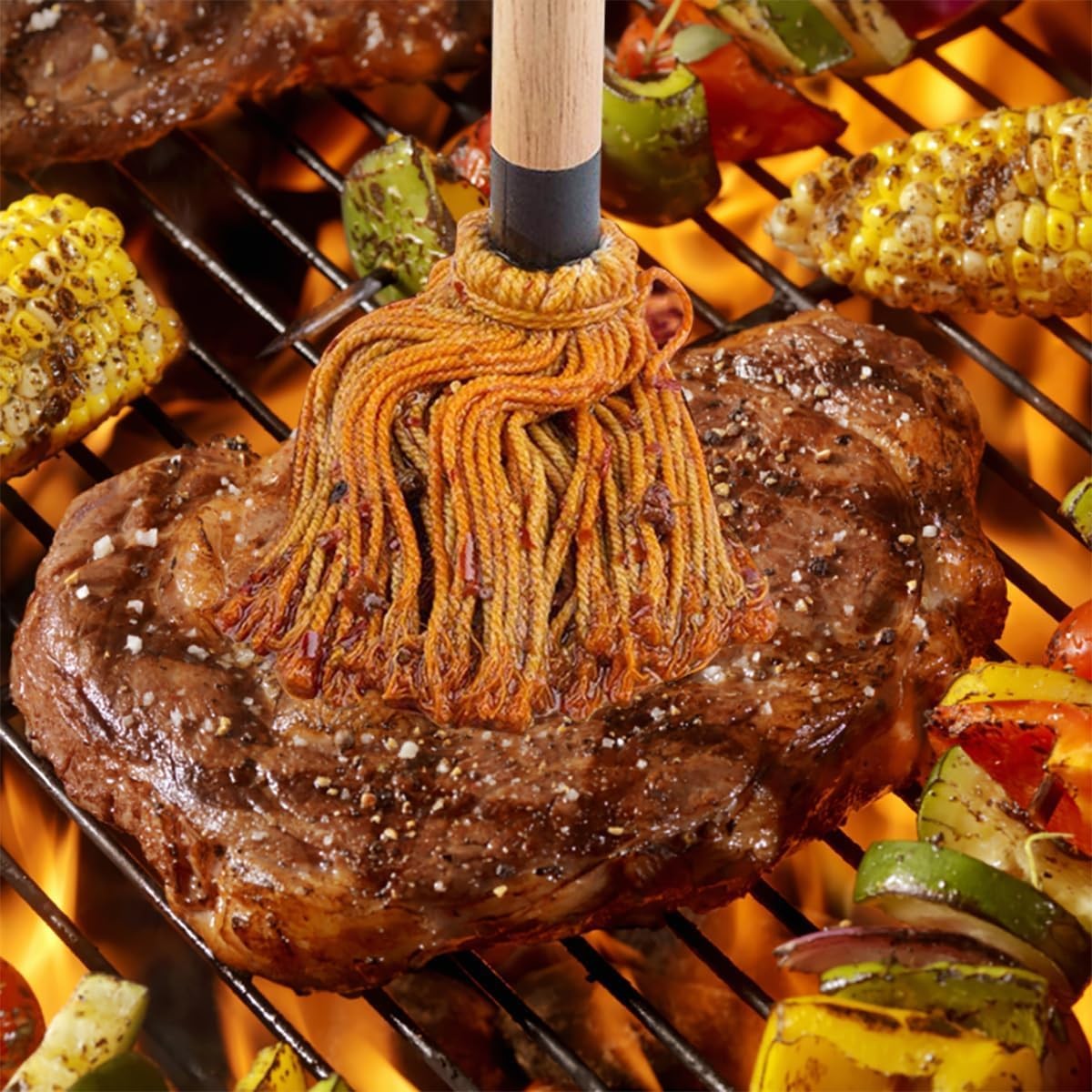 Basting Mops Brush Set for BBQ Grilling 15.5″, 2 Handles+6 heads+1 brush