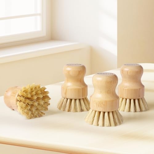 Bamboo Dish Brush with Sisal Bristle – 4 Pack – Natural