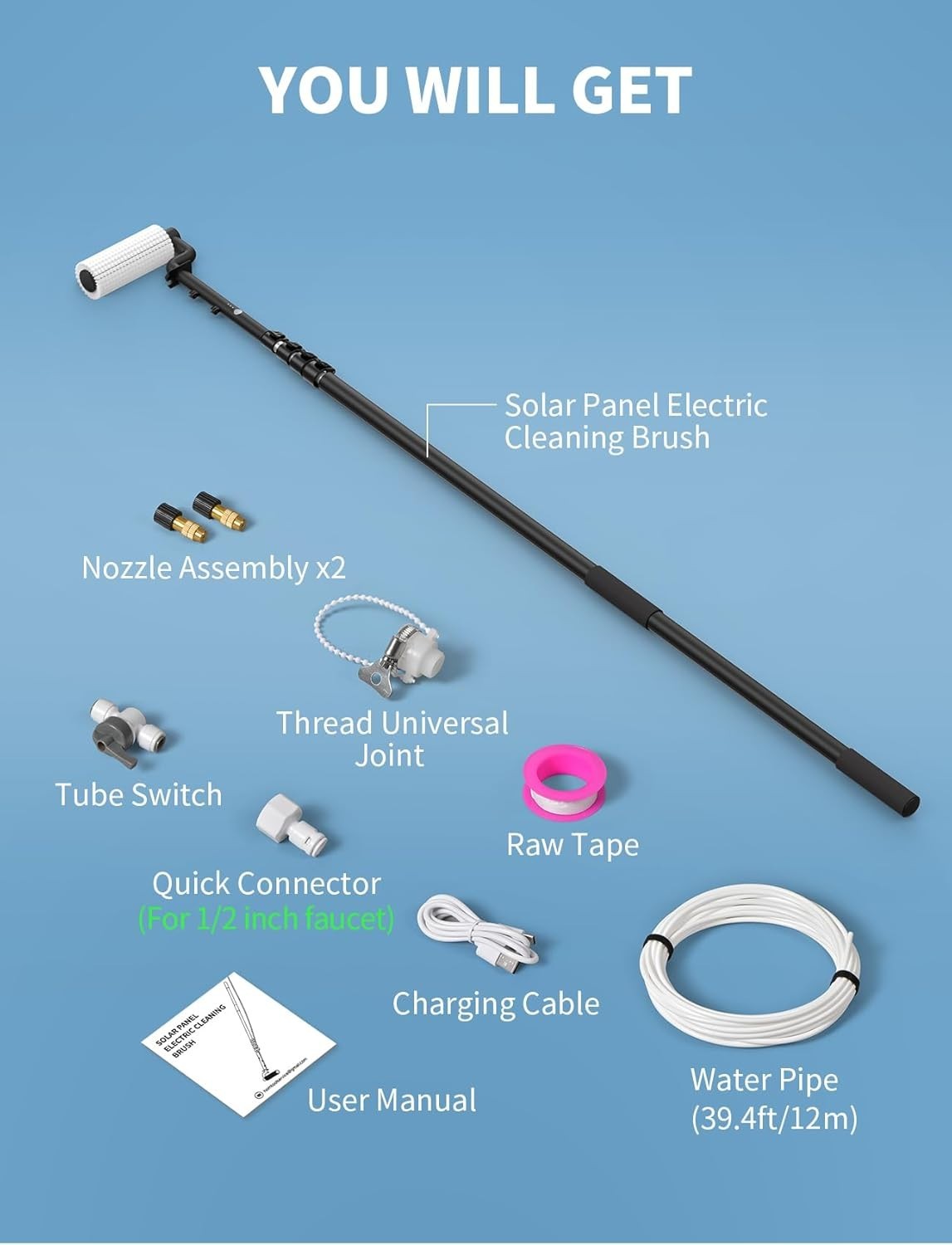 Solar Panel Cleaning Brush and Pole, 20FT Electric Cleaning Roller Brush with Te