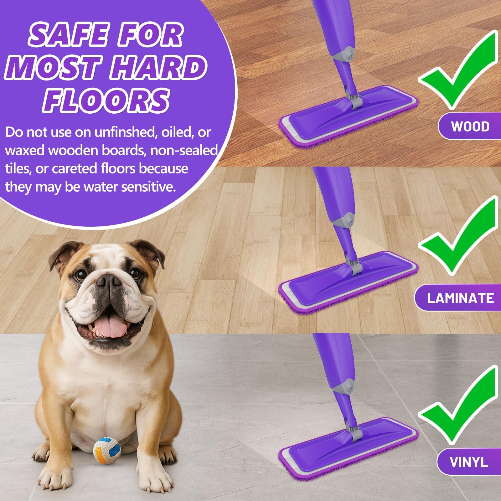 HOMTOYOU Spray Mops for Floor Cleaning Wet Mop for Hardwood Tile Wood 3 Washable