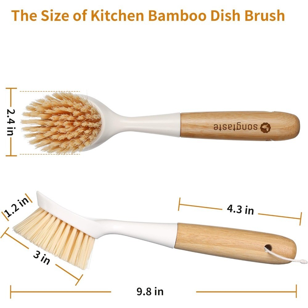2 Pack Dish Scrubber Brush with Bamboo Handle and Built-in Scraper for Pots Pans