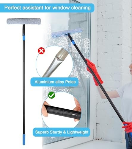 Window Cleaning Kit – 50″ Extension Pole, 8-in-1 Squeegee, Flexible Head, Bucket
