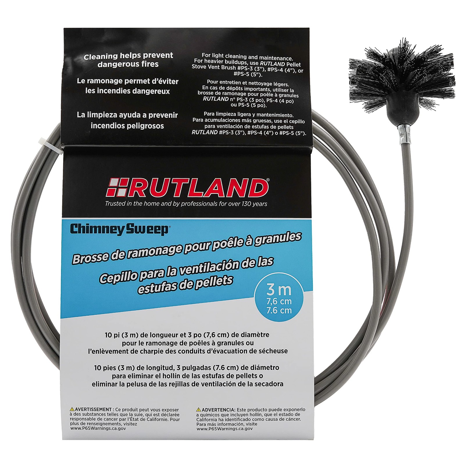 Rutland 3-Inch Pellet Stove/Dryer Vent Brush with 10-Feet Handle 3-inch, Black