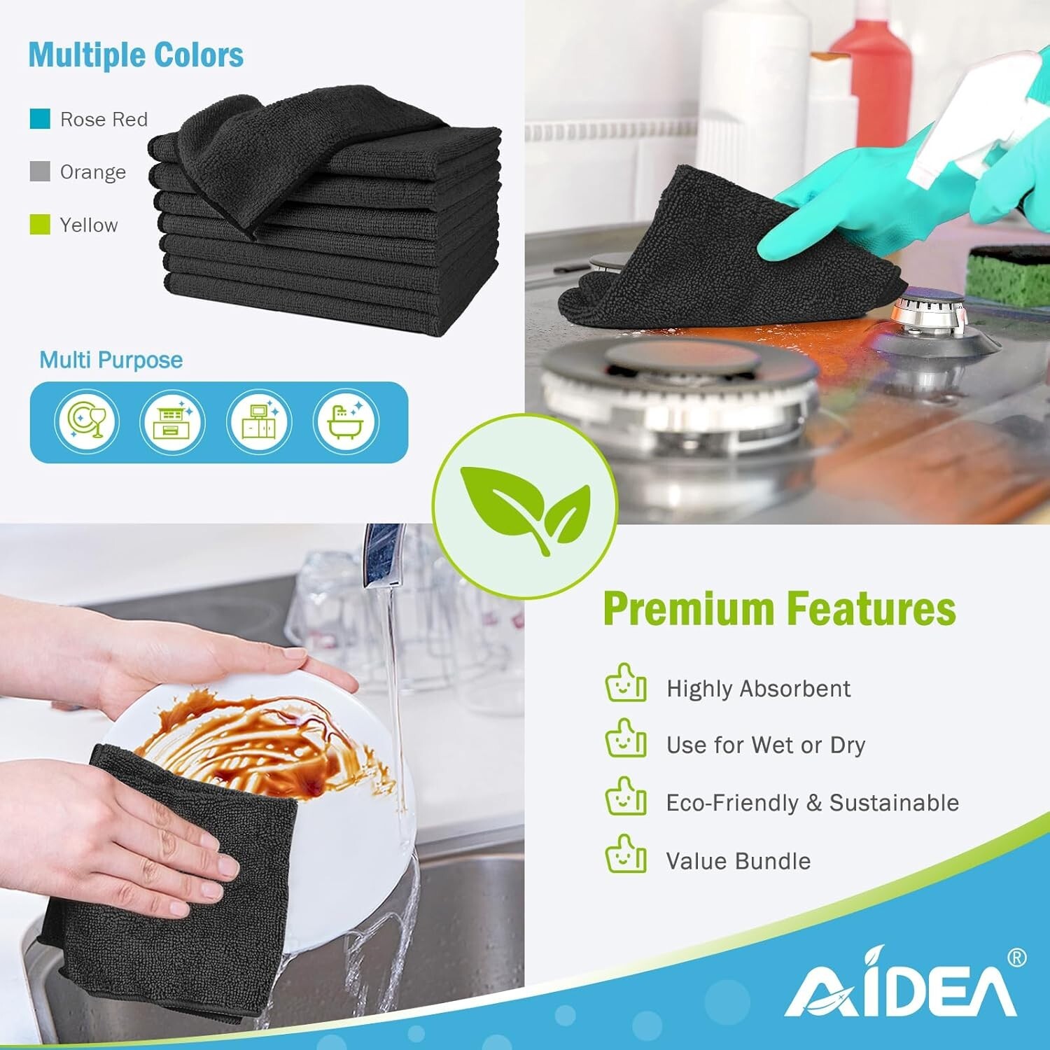 Black Microfiber Cleaning Cloths-8Pk, Soft Absorbent Microfiber Towels, Lint Fre