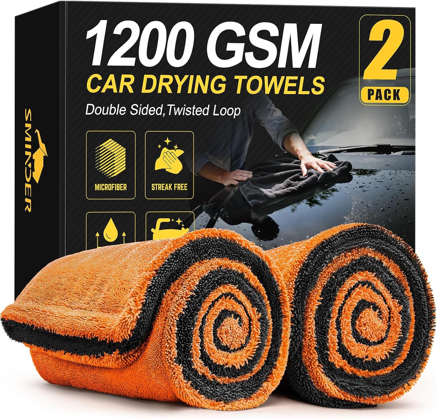 2-Pack 1200 GSM Car Drying Towels – Microfiber Towels for Cars (36″ x 24″), Ultr