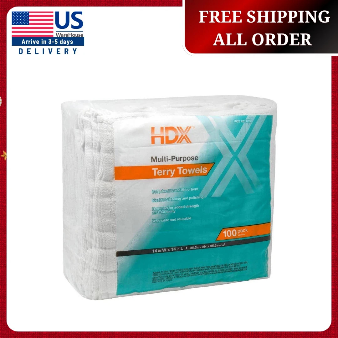 HDX Terry Towels 14″x14″ (100 Pack) (Washable, Reusable, Multi-Purpose)