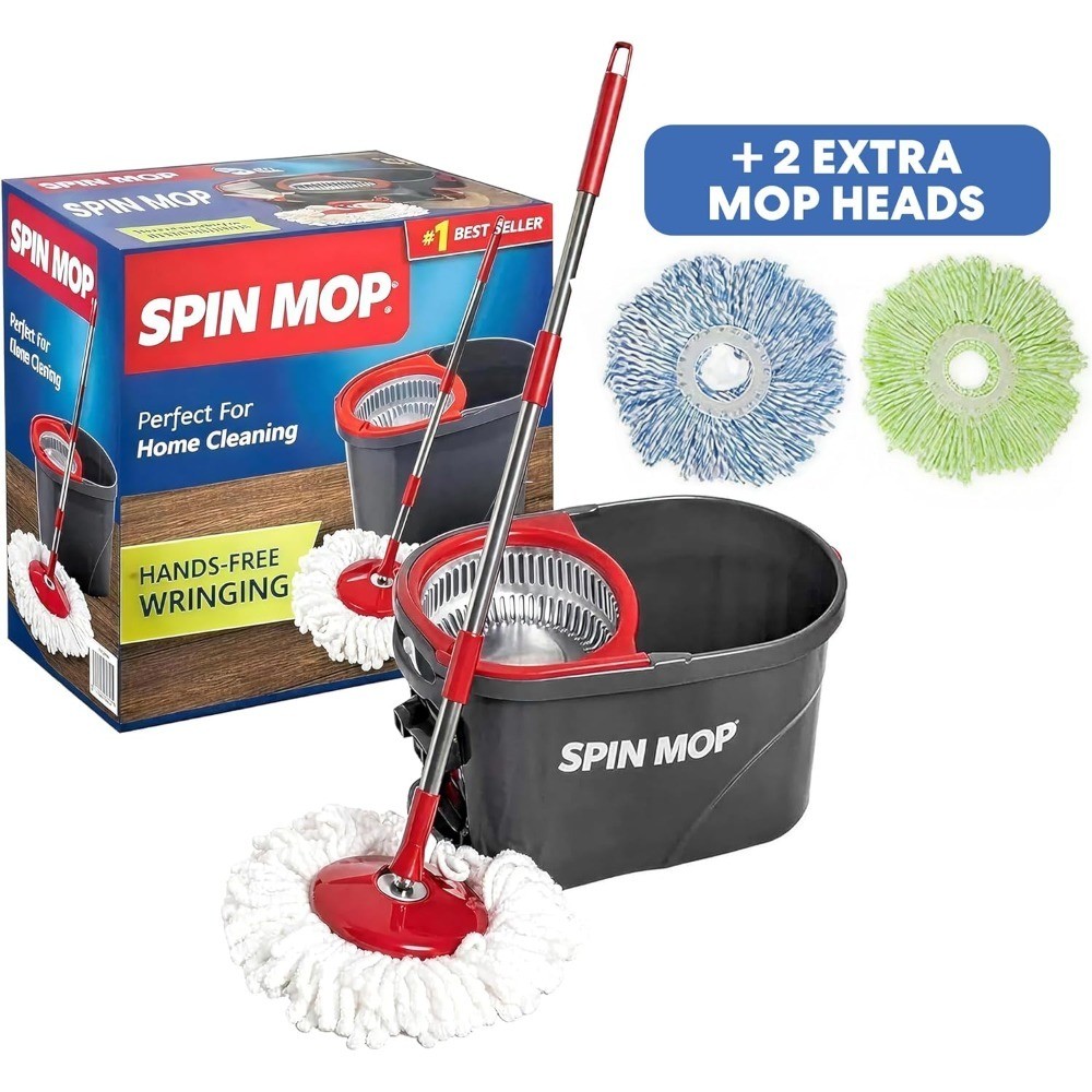 Spin Mop with 3 Microfiber Mop Heads, Floor Cleaning System, Red and Gray, Red