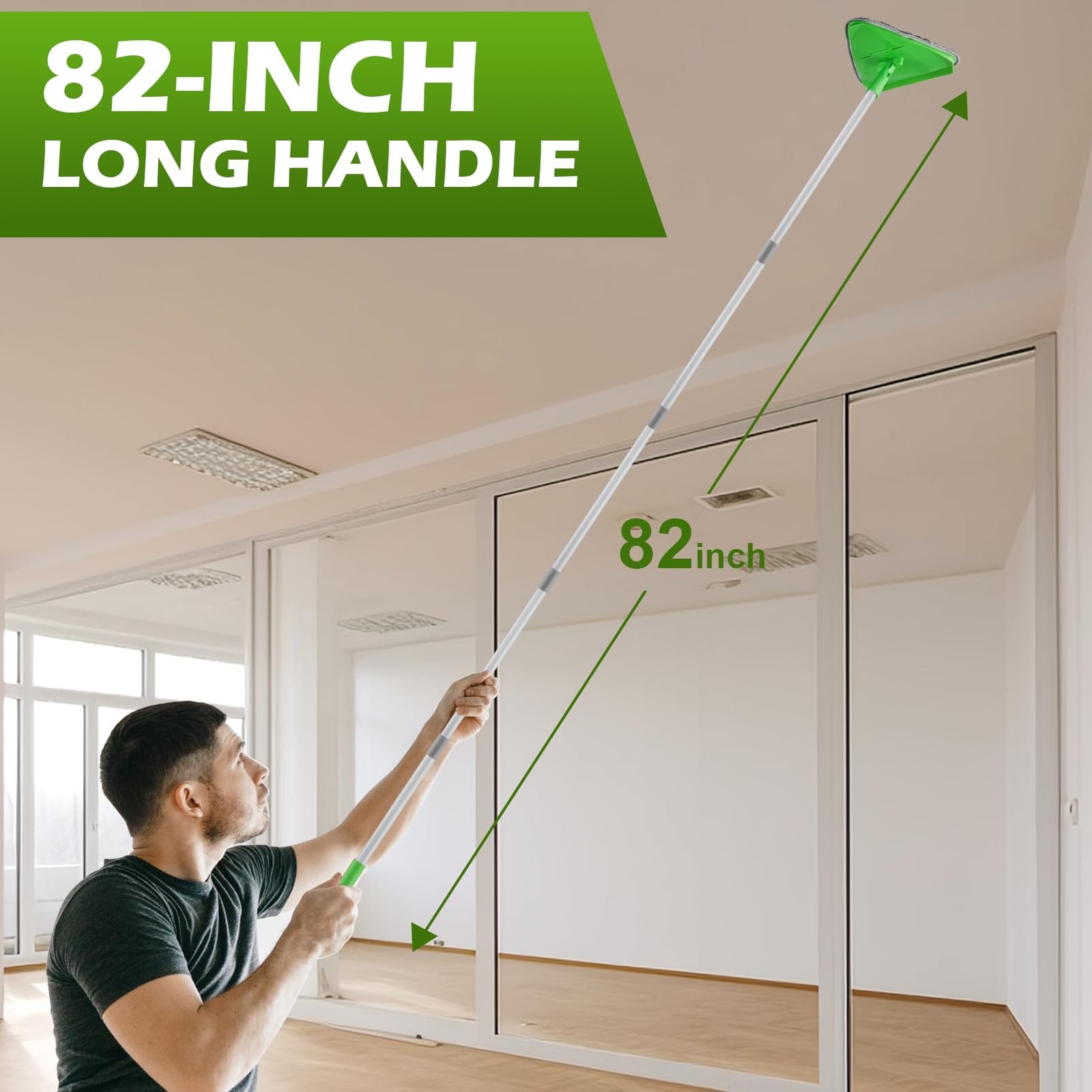 Wall Cleaner Triangle Mop with 82” Long Handle – 4 Pads, Green
