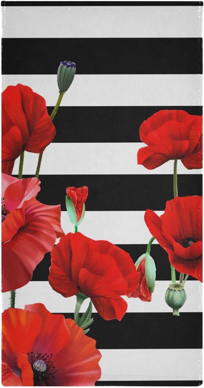 Red Poppy Hand Towels for Bathroom Set of 2 Black and White Striped Nature