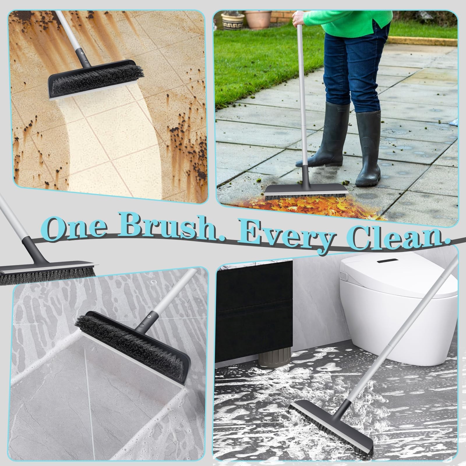 AONEZ Floor Scrub Brush with Long Handle – Adjustable 2 Grey & Black