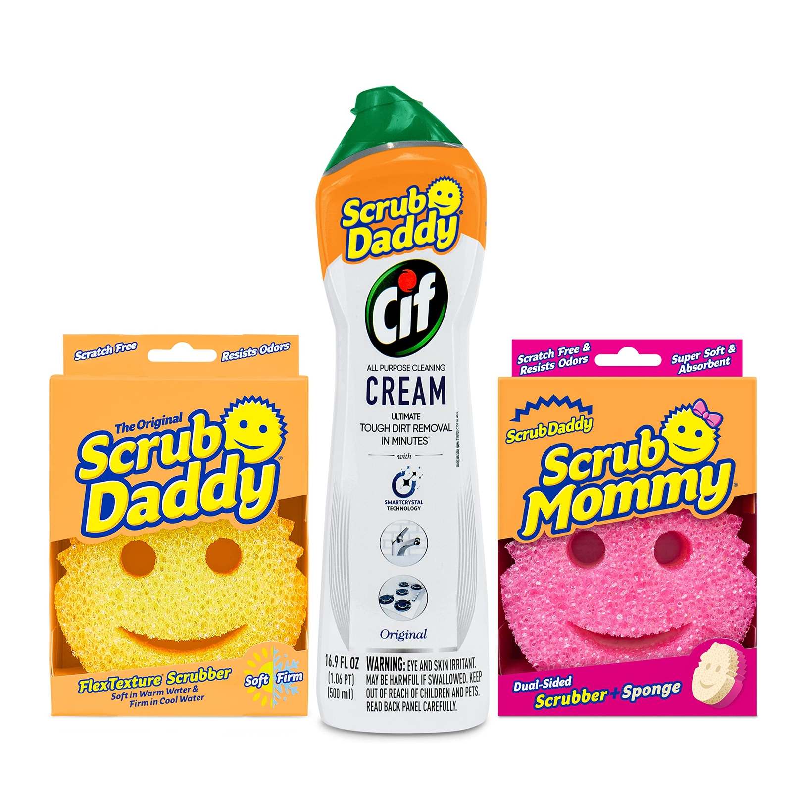 3 Count Scrub Daddy Mommy Cleaning Sponge Kit with Cif Cream Multi Surface Cl…