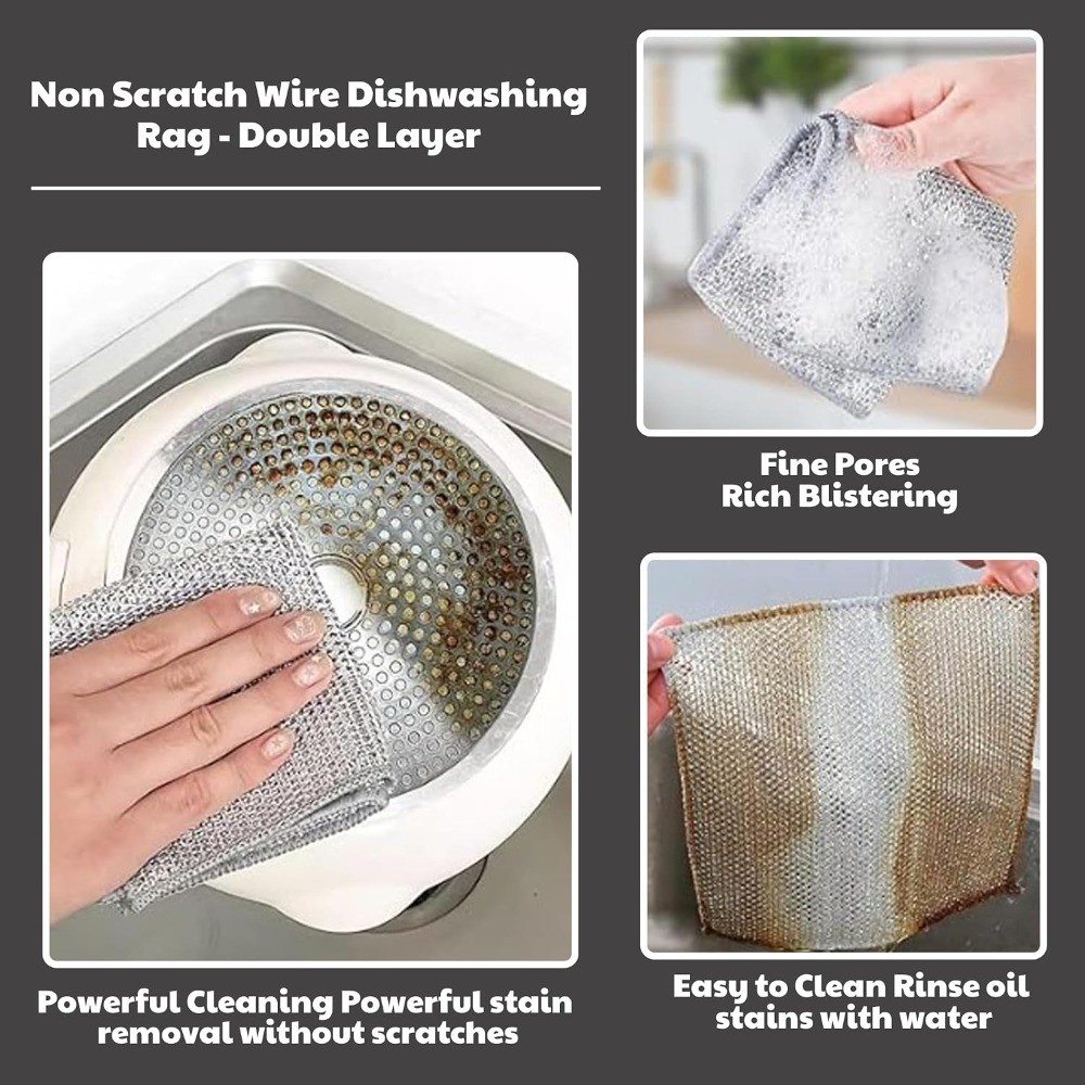 Non Scratch Wire Dishwashing Rag, 10 Pack Double Layer Reusable Wire Dishcloth,
