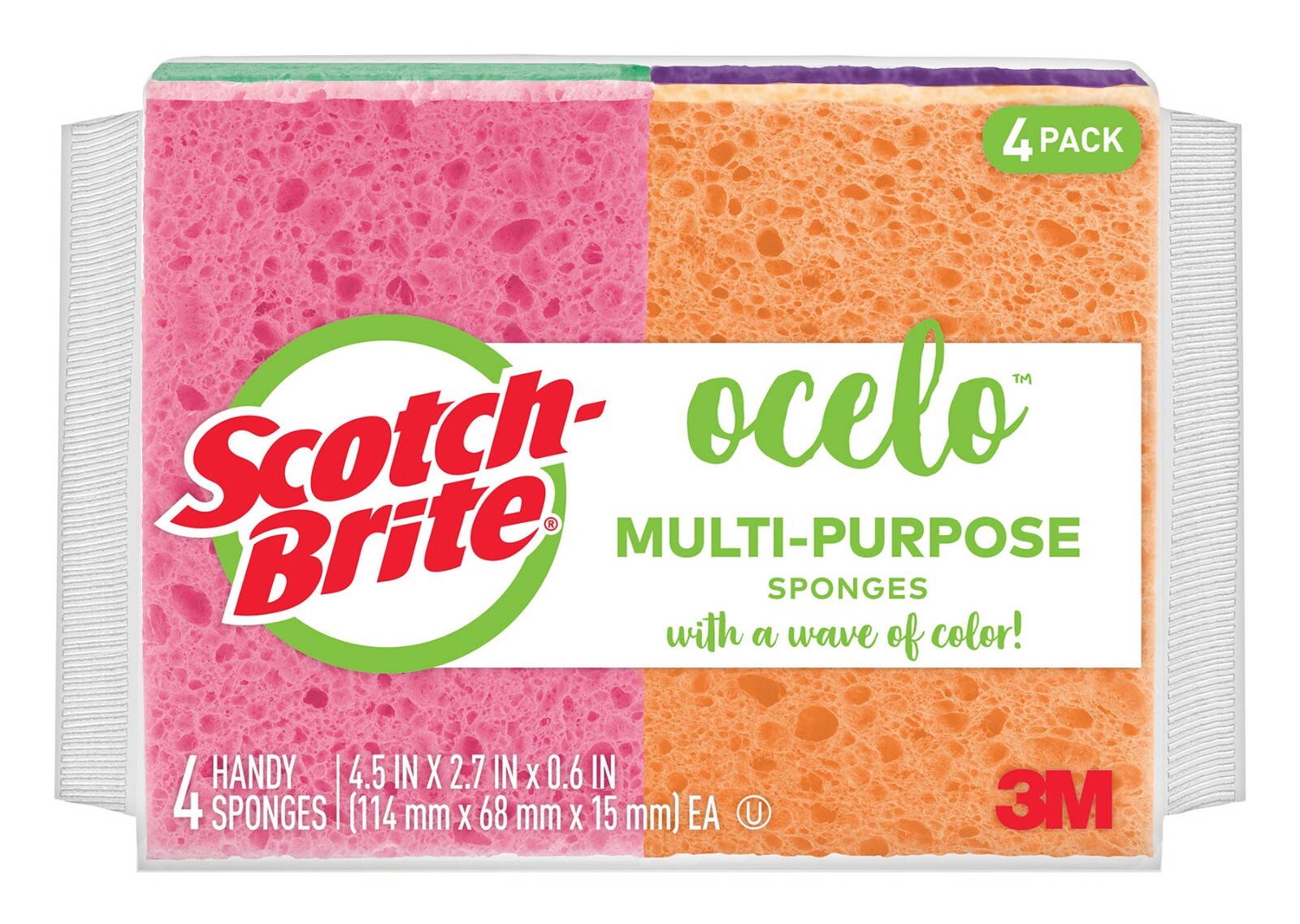 Scotch-Brite Ocelo 7274-10 Multi-Purpose Sponges, 4.5 x 2.7 x 0.6″, Pack of 4