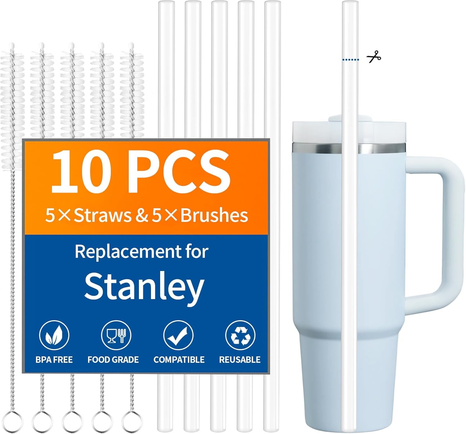 10 Pack Replacement Straws for Stanley 40/30 oz, Cut-to-Fit Long Straw Fits