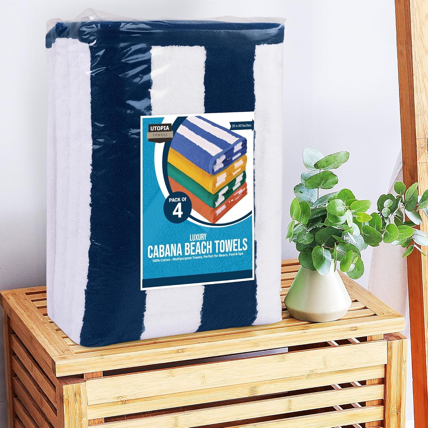 Pack of 4 Cabana Beach Towels, Oversized 30 x 60 Inches Cotton Beach Towel Set,