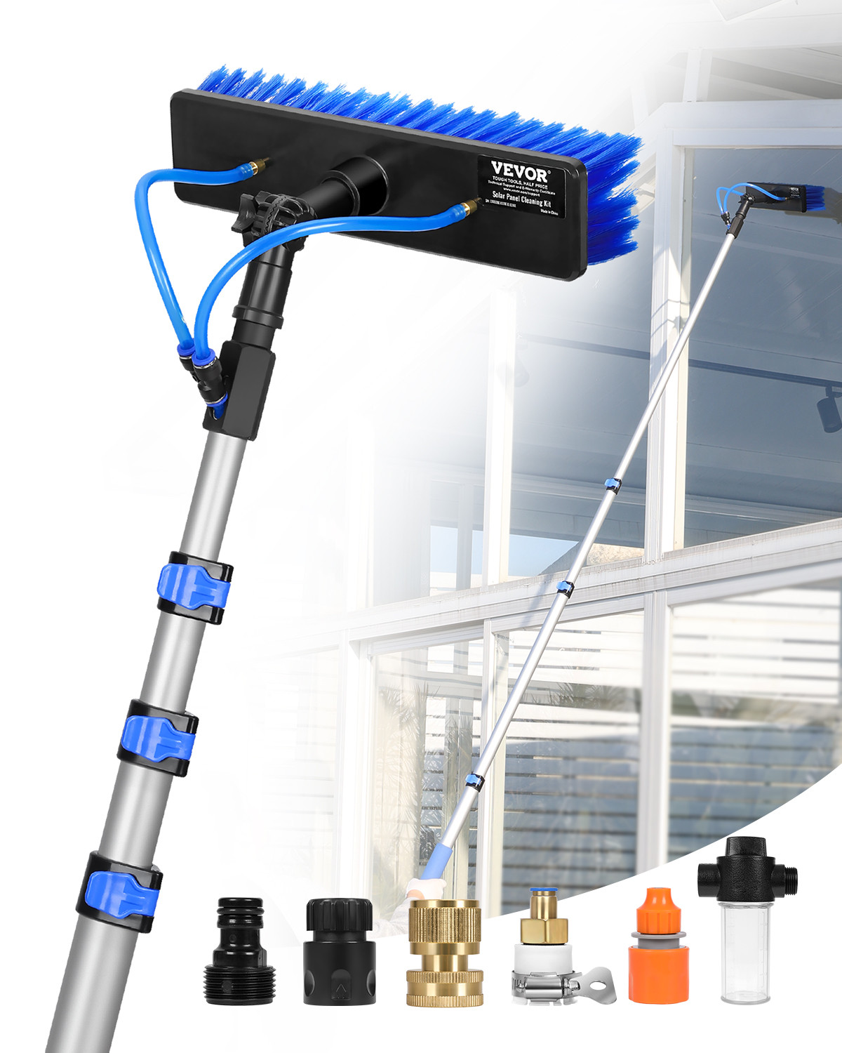 Water Fed Pole Kit 12FT Solar Panel Cleaning Pole 180° Rotatable Brush Head