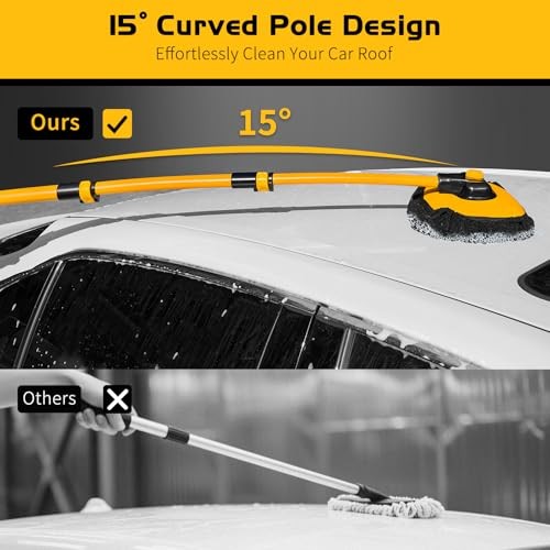 15°Curved Car Wash Brush with Long Handle, 43″ Car Cleaning Black and Yellow