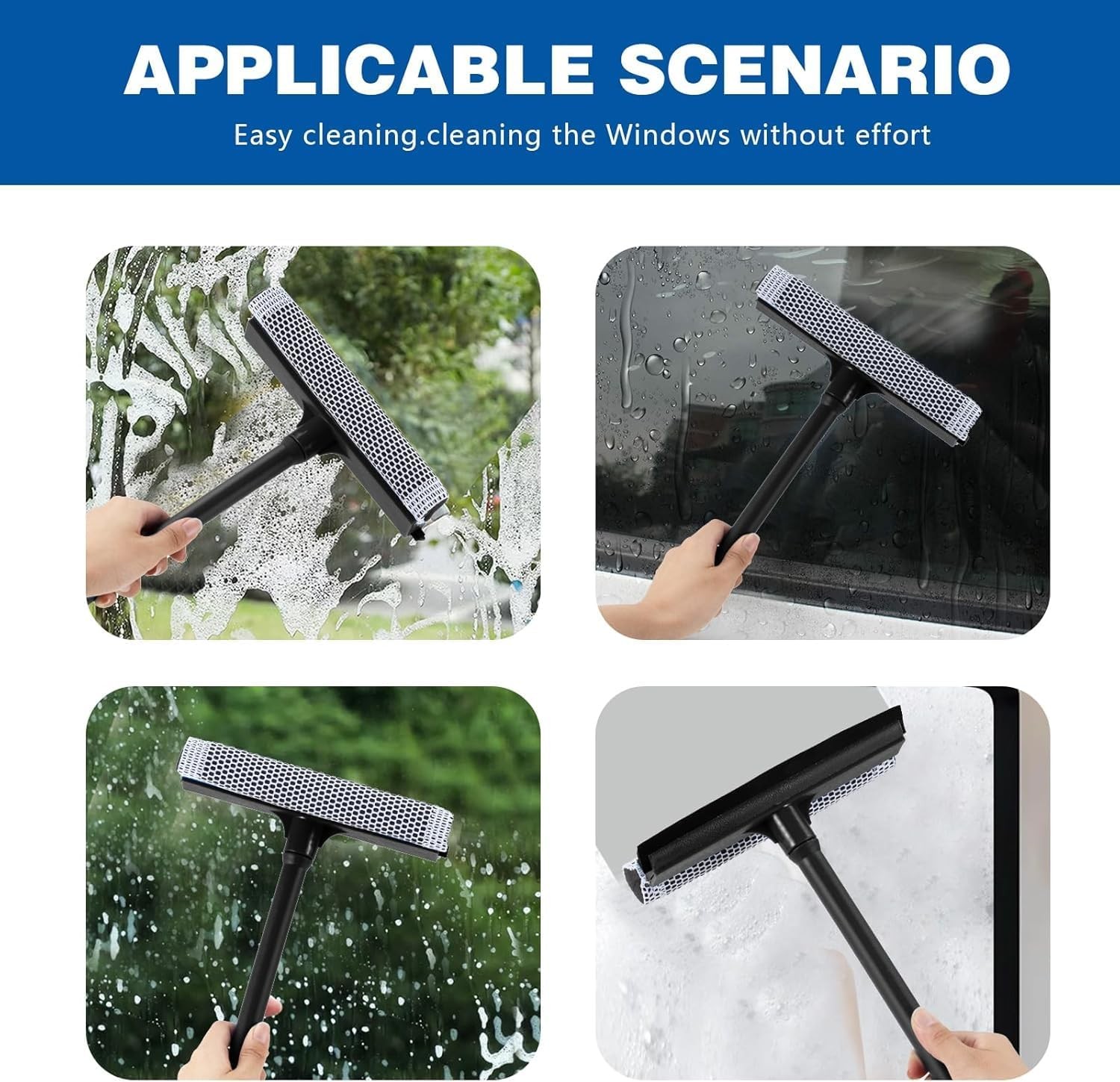 15.9″ Plastic Handle Window Squeegee for Home, 2-in-1 Auto Window Cleaner with