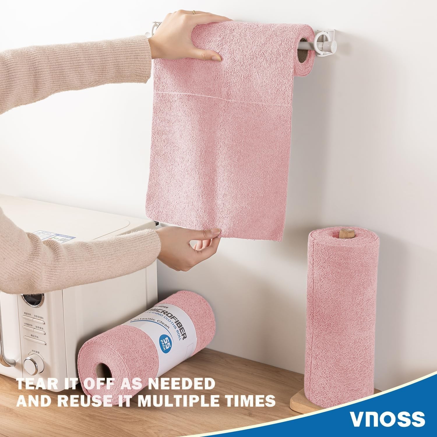 Vnoss 55 Pack Microfiber Cleaning Cloth Roll, Tear Away 9”X11”-55PK, Pink