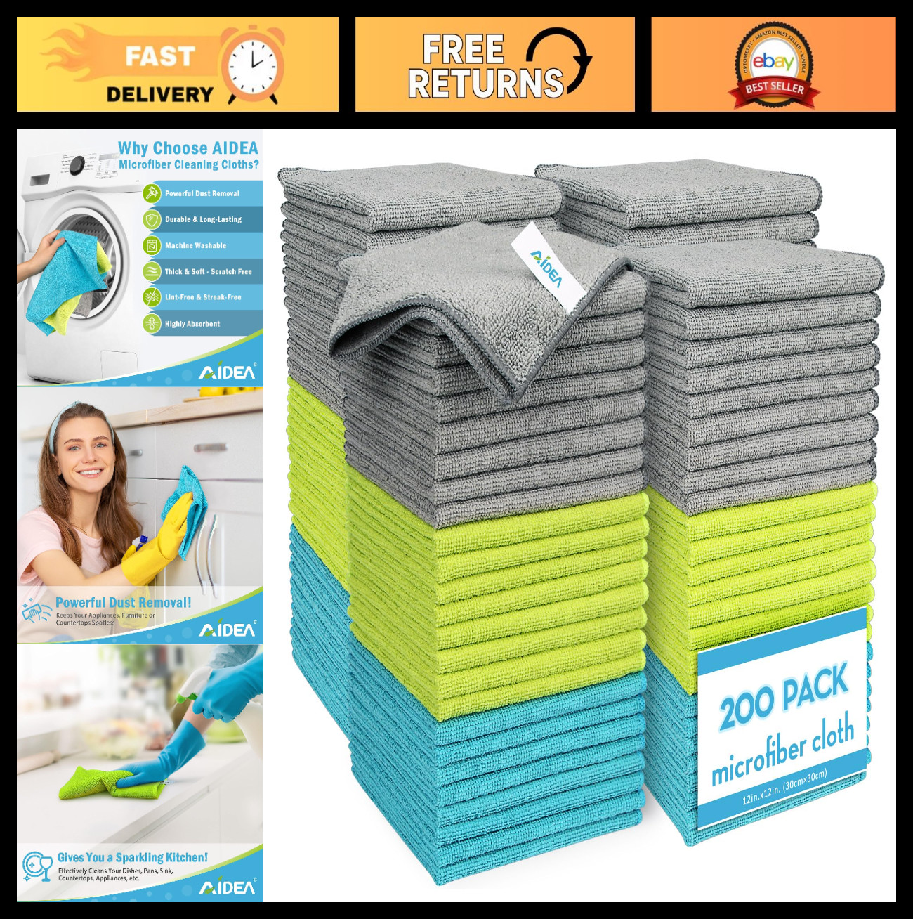 200PK Microfiber Cleaning Cloths – Soft, Absorbent, Lint-Free Towels for Home, C
