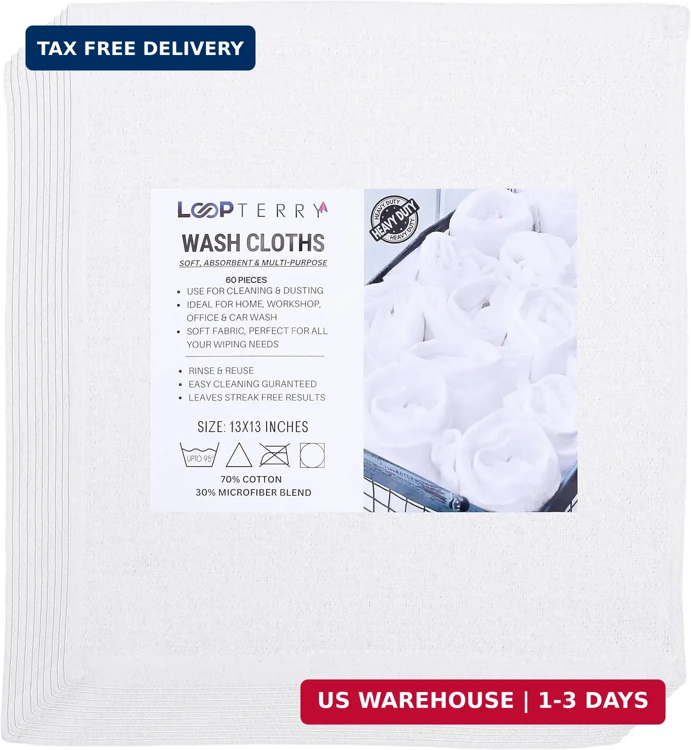 Looperry White Terry Cloth Rags (60 Pack Bulk) 13″x13″ Inches Commercial Grade D
