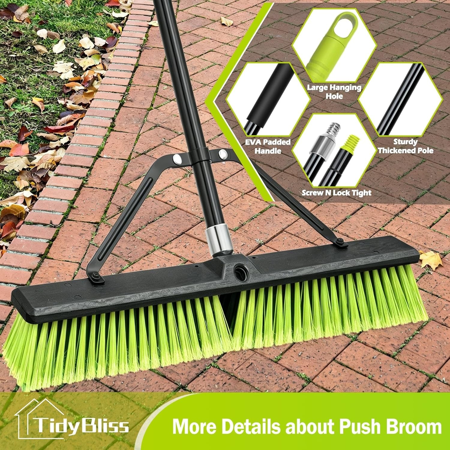 TidyBliss 24” Push Broom Outdoor Heavy Duty, Large Commercial Stiff Bristle Brus