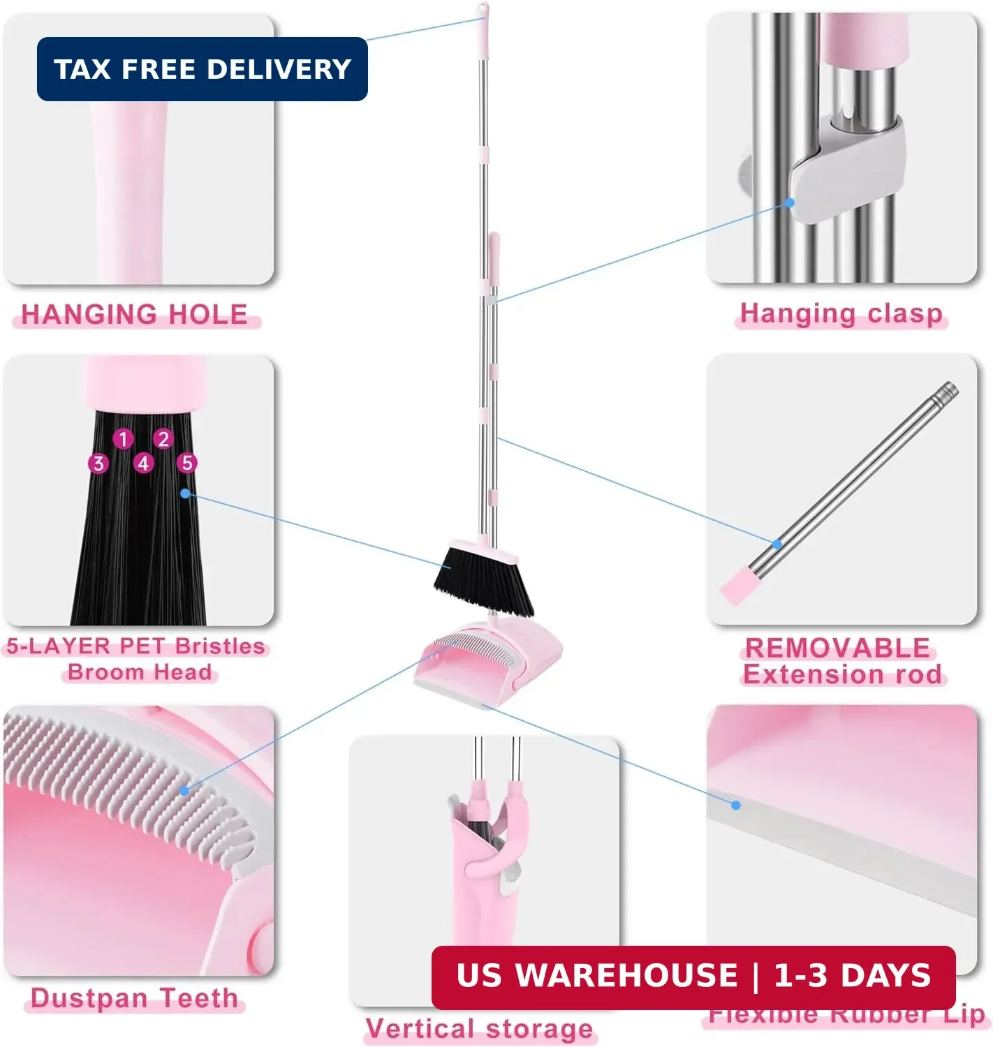 Pink Broom and Dustpan Set for Home, 52-in Long Handle Broom with Dustpan Combo