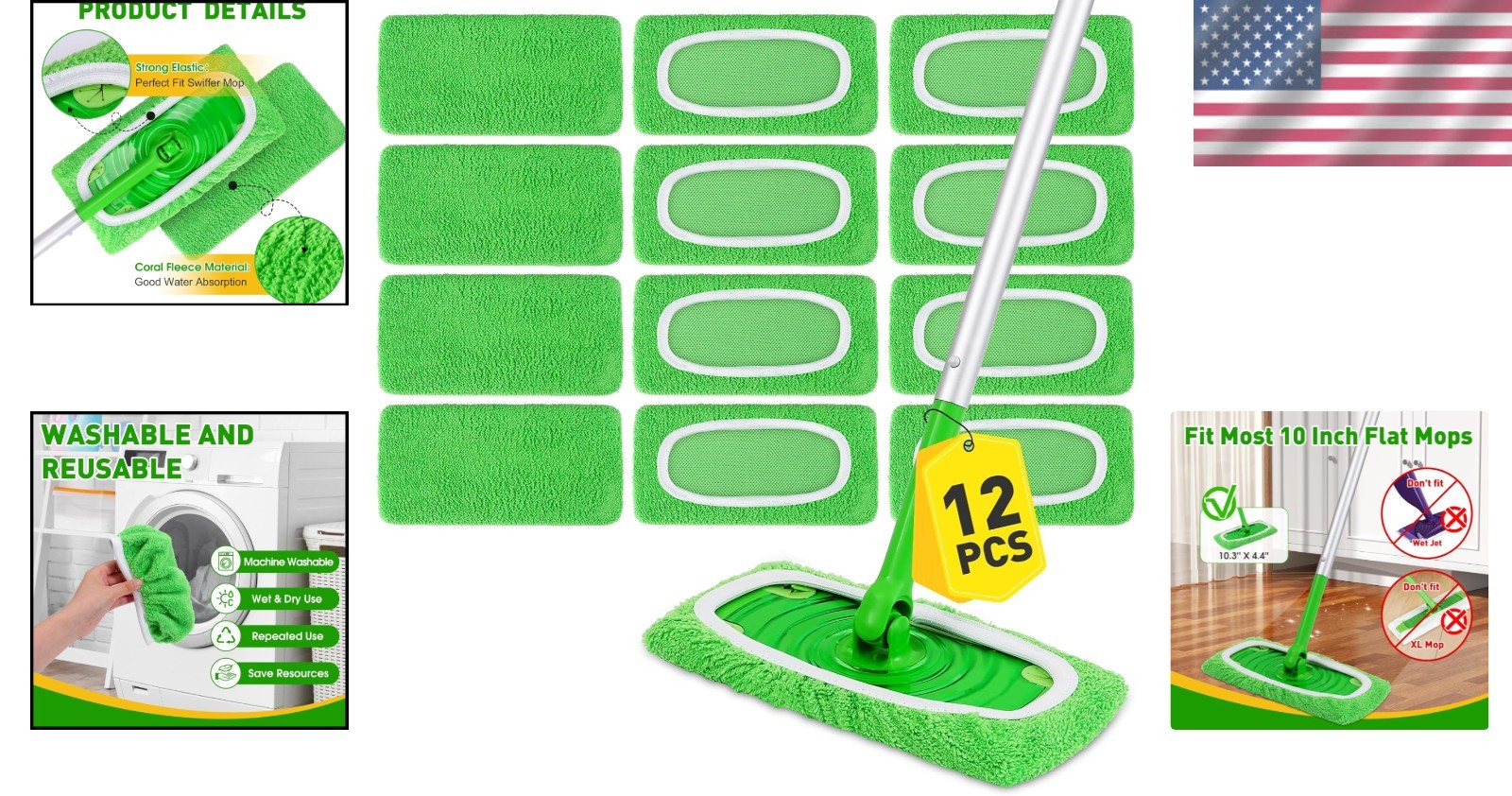 12-Pack Reusable Microfiber Mop Pads for 10-Inch Mops – Eco-Friendly Cleaning