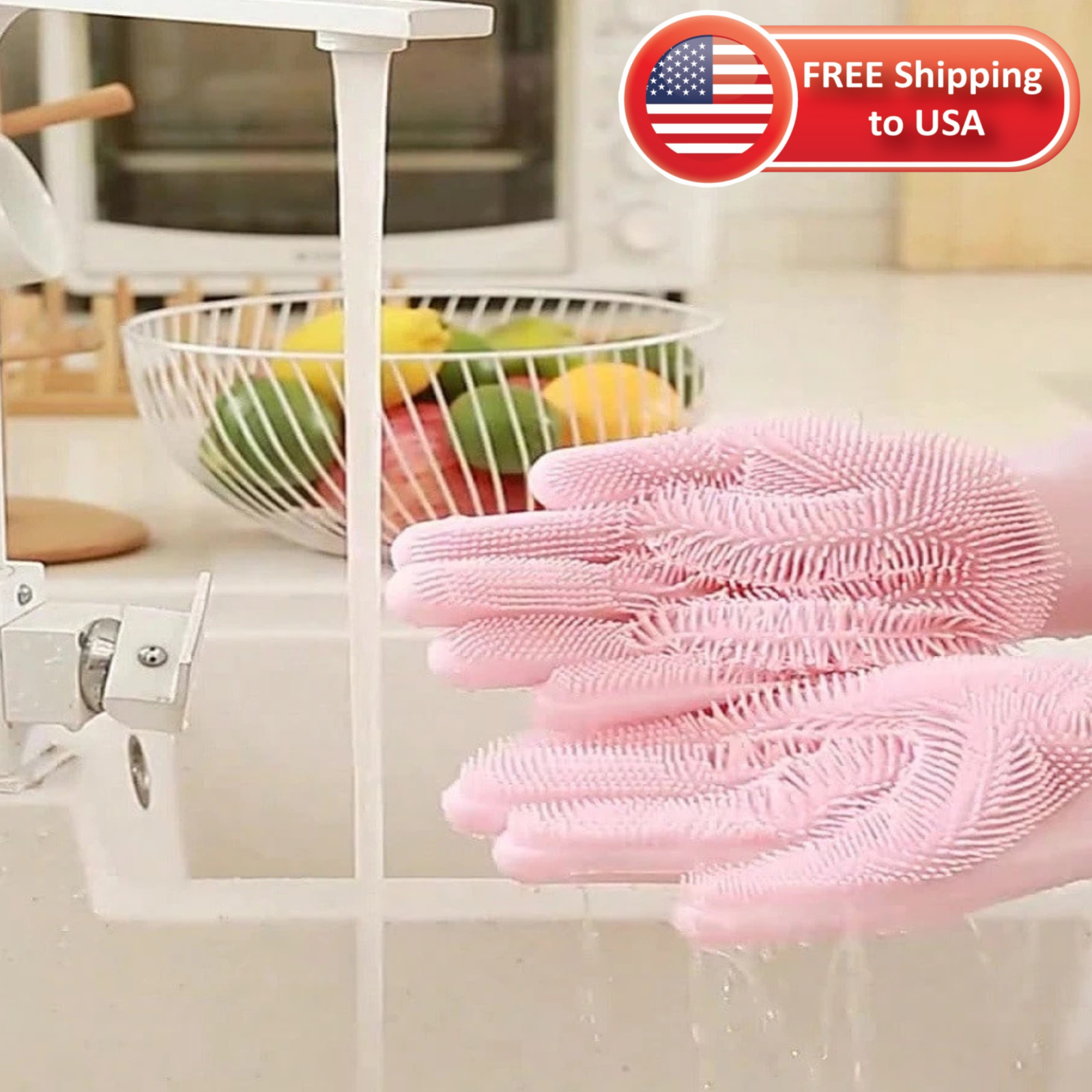 1Pair Dishwashing Gloves Waterproof Silicone Cleaning Scrubber Kitchen Tools USA