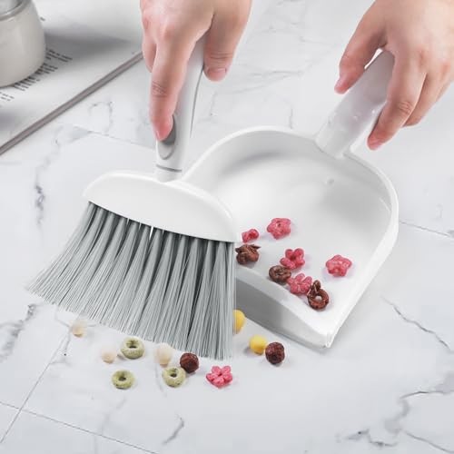 Small Dust Pan and Brush Set, Mini Broom and Dustpan Set Small Grey & White