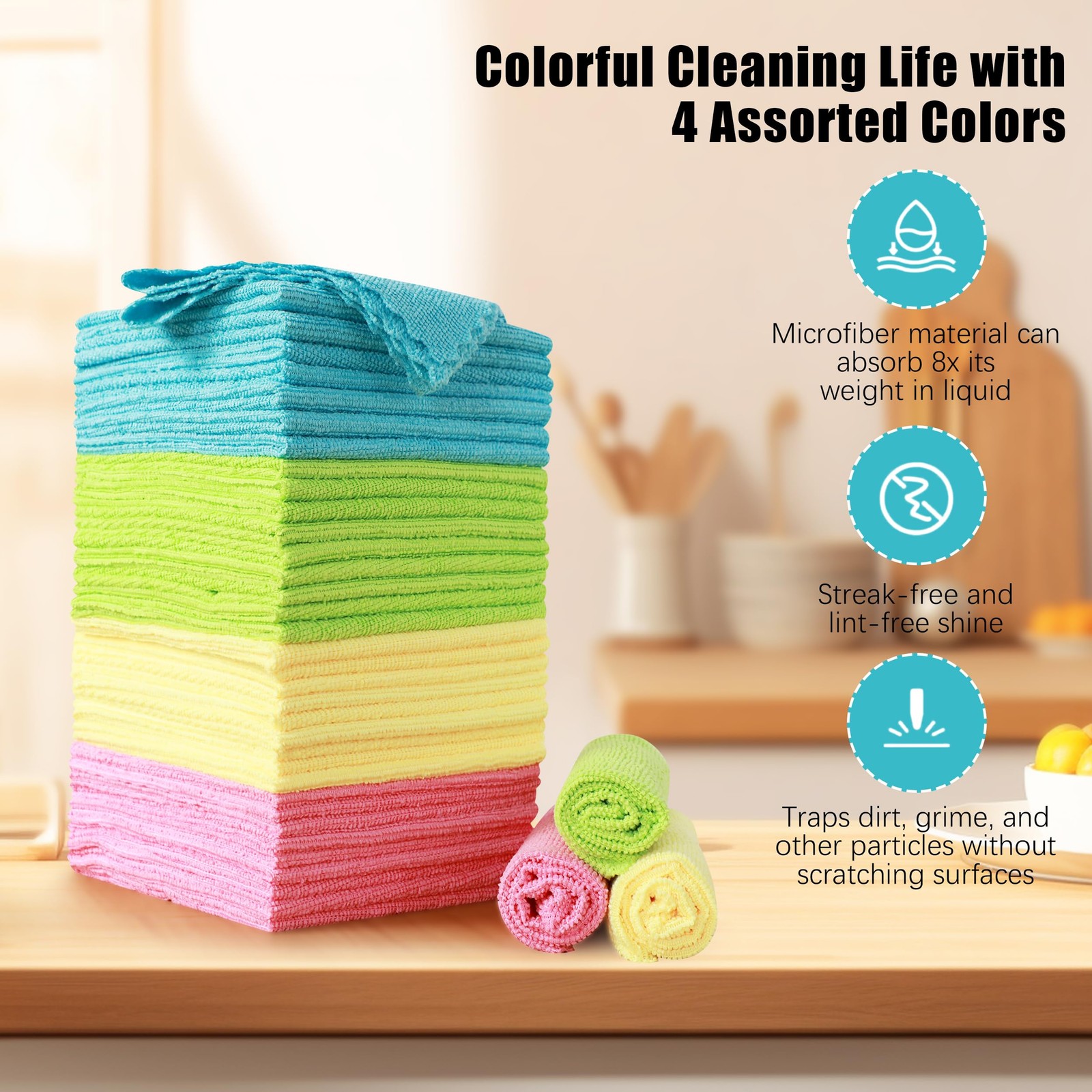 MOONQUEEN 12 Pack Microfiber Cleaning Cloth – 12 Pack, Green/Blue/Yellow/Pink