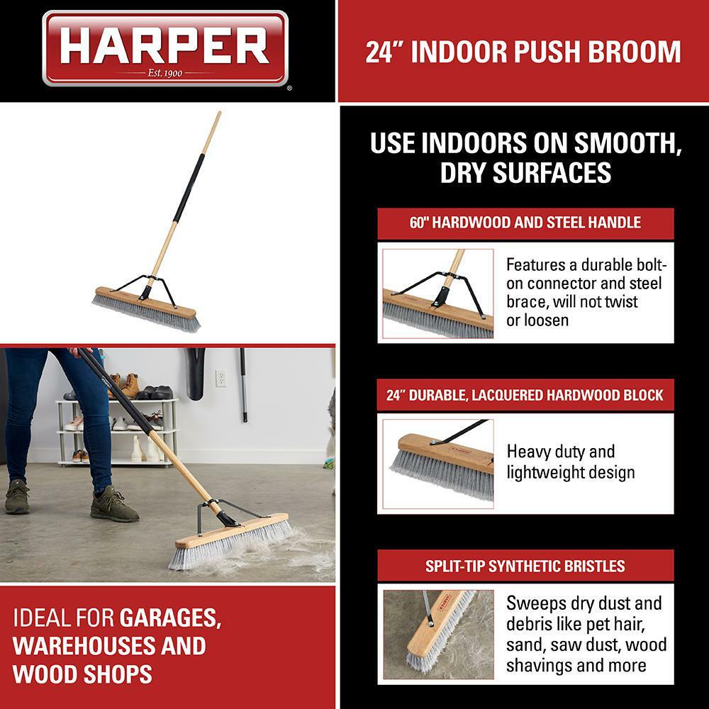 Harper Push Broom Smooth-Surface Hardwood/Steel Handle Soft Bristle 24 in. Width