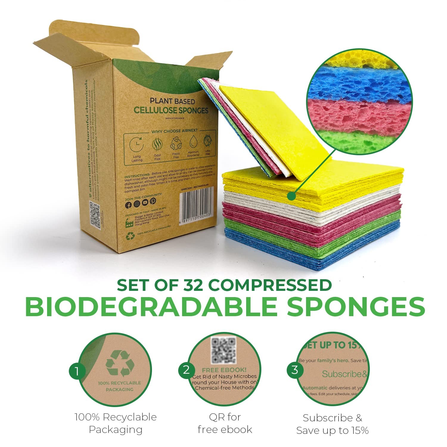 Compressed Cellulose Sponges – 32 Pack Natural Pop Up Dish Sponge for Kitchen…
