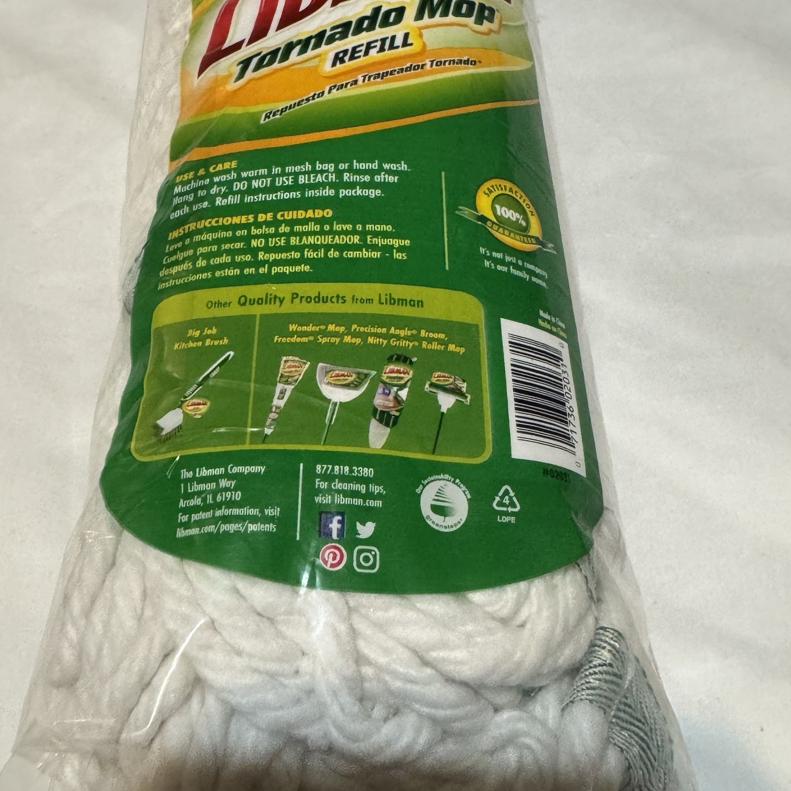 Libman Tornado Mop Refill White Cotton Blend Attachment Style Snap-On