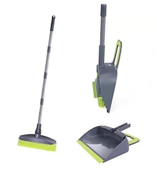Adjustable Rubber Push Broom and Dustpan Set,Self Cleaning Indoor Outdoor