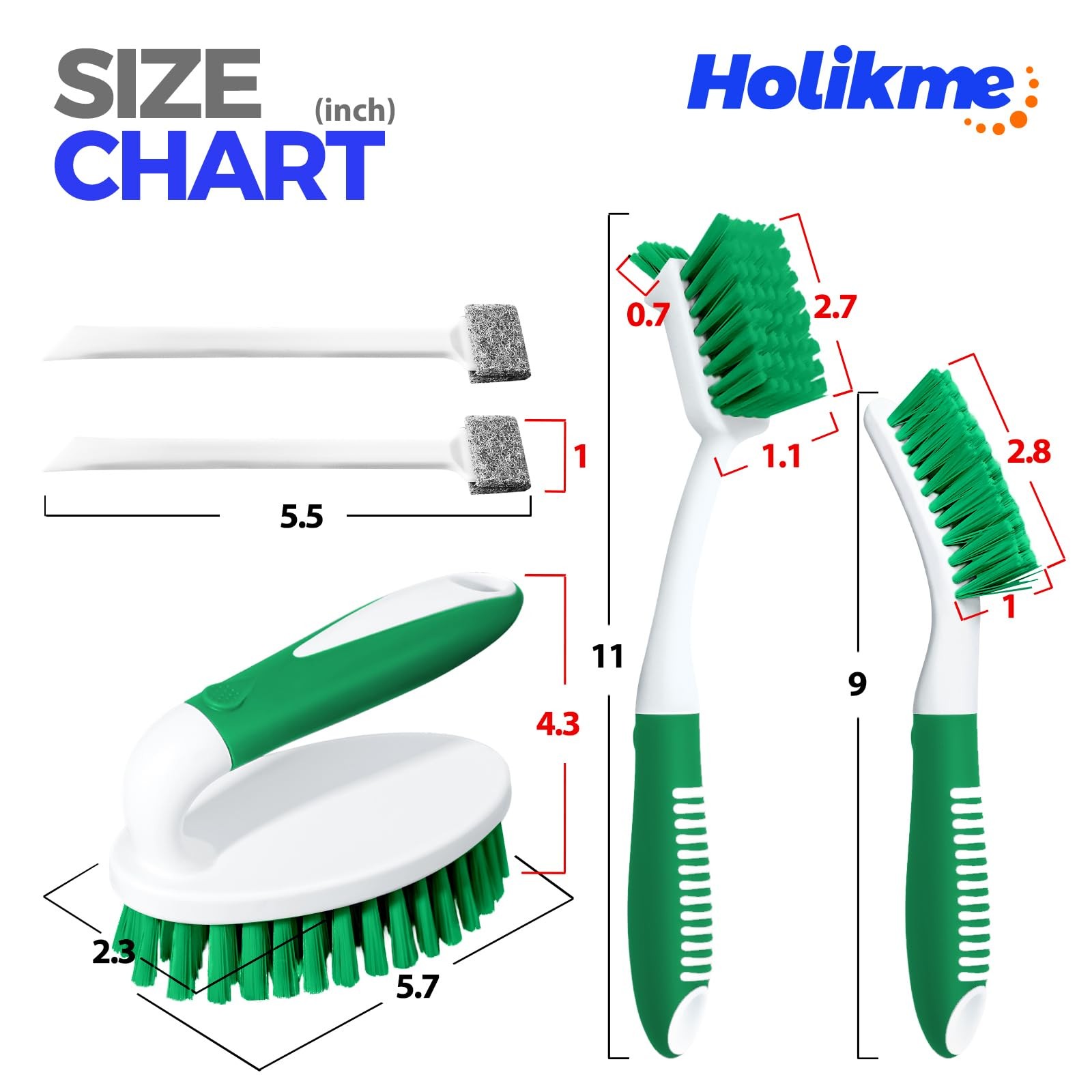 Holikme Cleaning Brush Set for Household Use, Scrub Brush, 5 Pack, Green