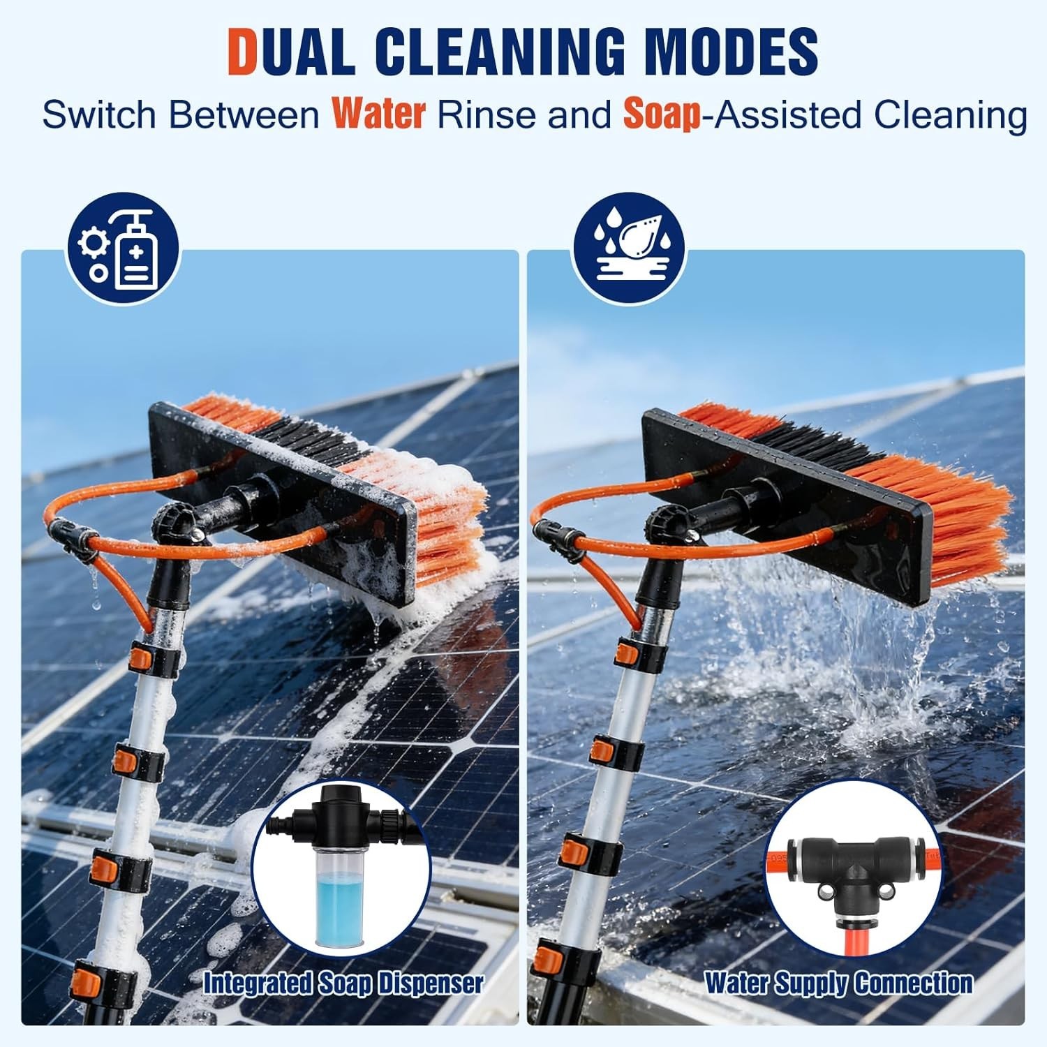 Water Fed Pole Window Cleaning System, Solar Panel Kit, 180° Brush & Soap Dispen