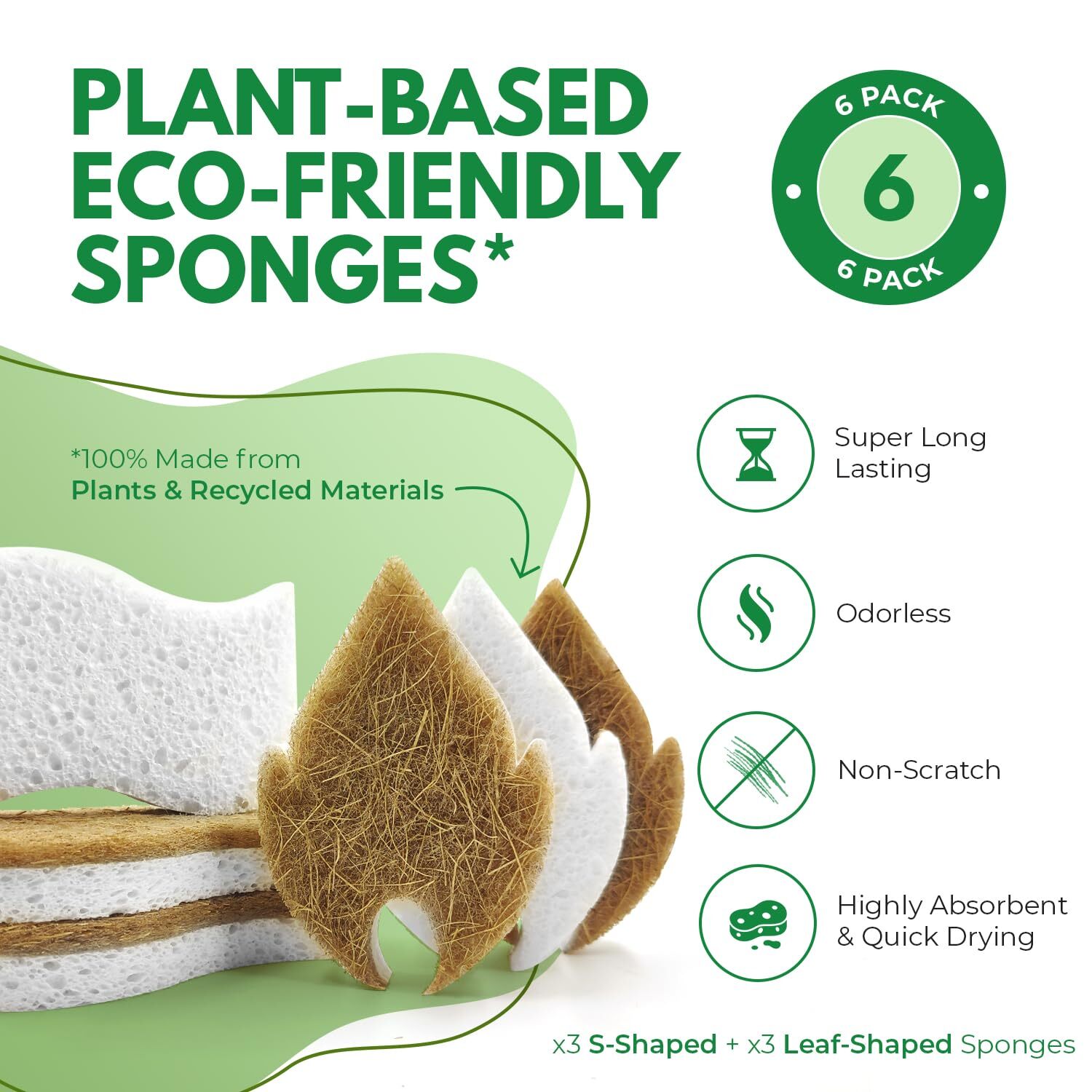 Biodegradable Natural Dish Sponges Kitchen Pack Of 6 Leaf And Sshaped Coconut An