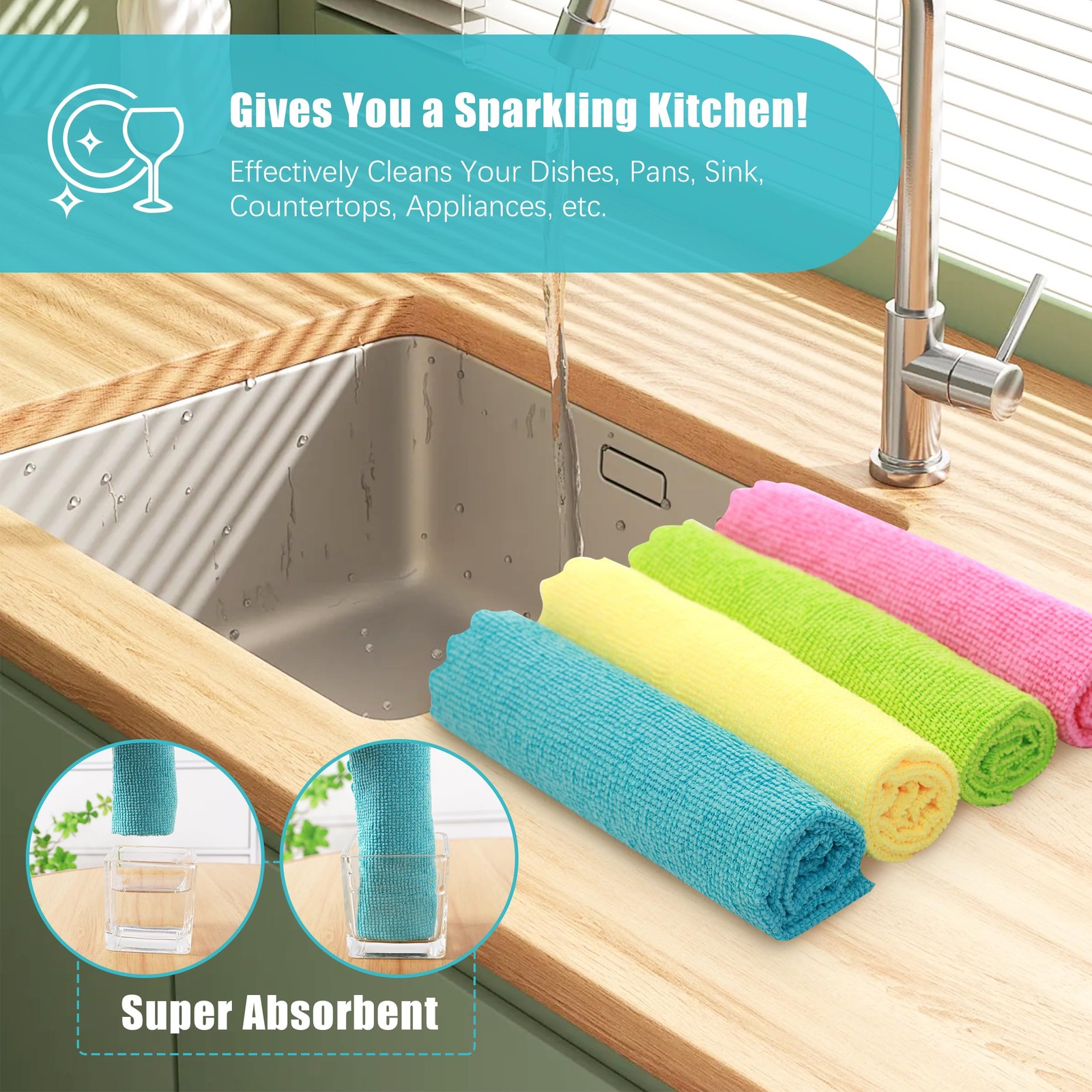MOONQUEEN 12 Pack Microfiber Cleaning Cloth – 12 Pack, Green/Blue/Yellow/Pink