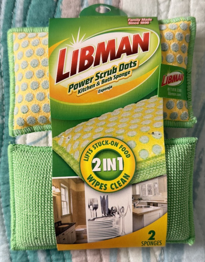 Libman Power Scrub Dots Kitchen & Bath Sponge Green Yellow Blue 2 Pack NEW