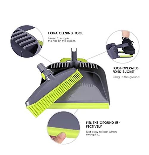 Adjustable Rubber Push Broom and Dustpan Set,Self Cleaning Indoor Outdoor