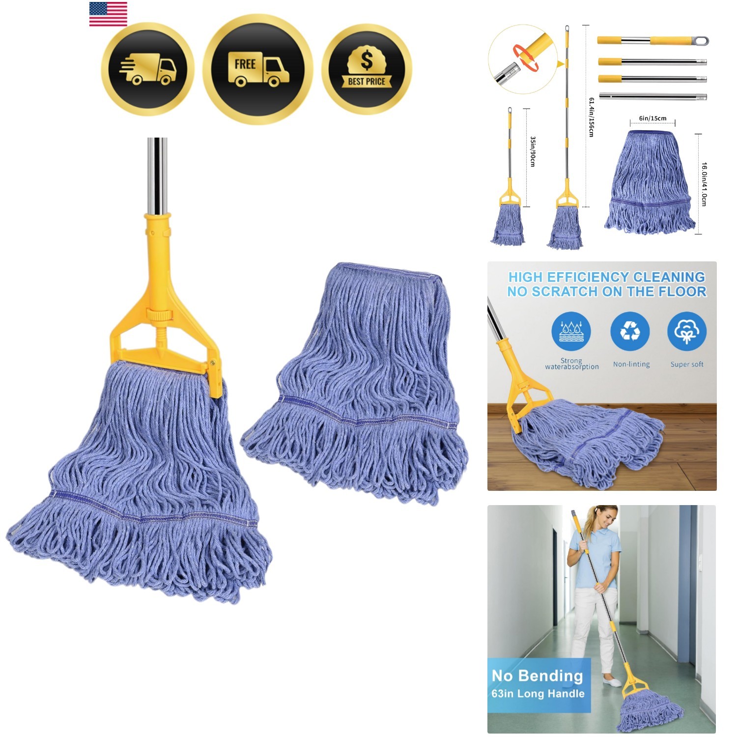 Commercial Mop with Extra Head Replacement, 63Inch Handle Heavy Duty Industri…