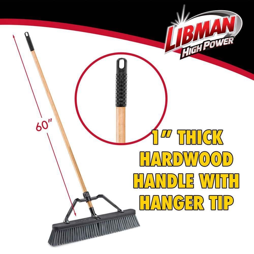 Libman Push Broom 24in Rough Surface Industrial Stiff Bristle Wood Handle 60in