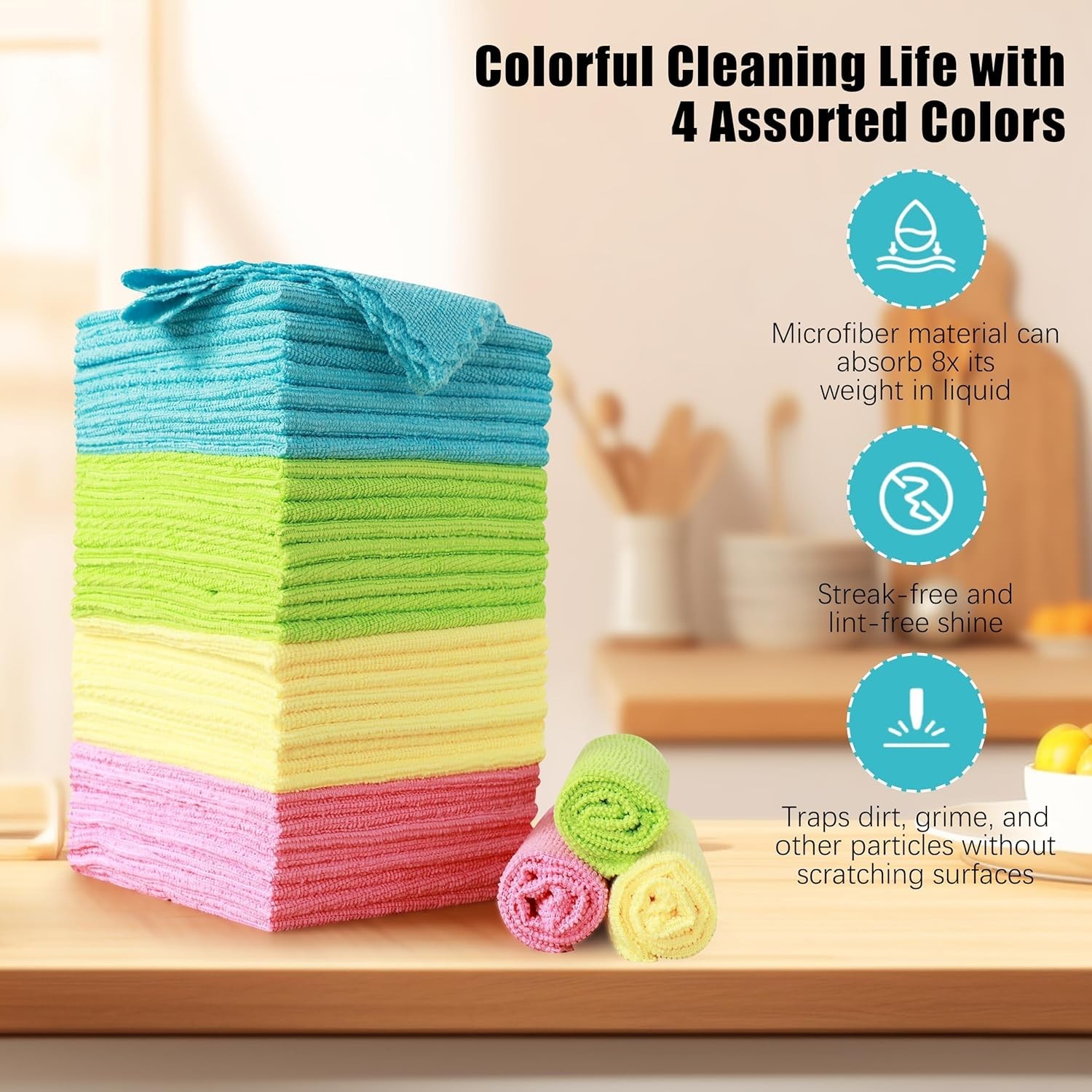 MOONQUEEN 12 Pack Microfiber Cleaning Cloth – 12 Pack, Green/Blue/Yellow/Pink