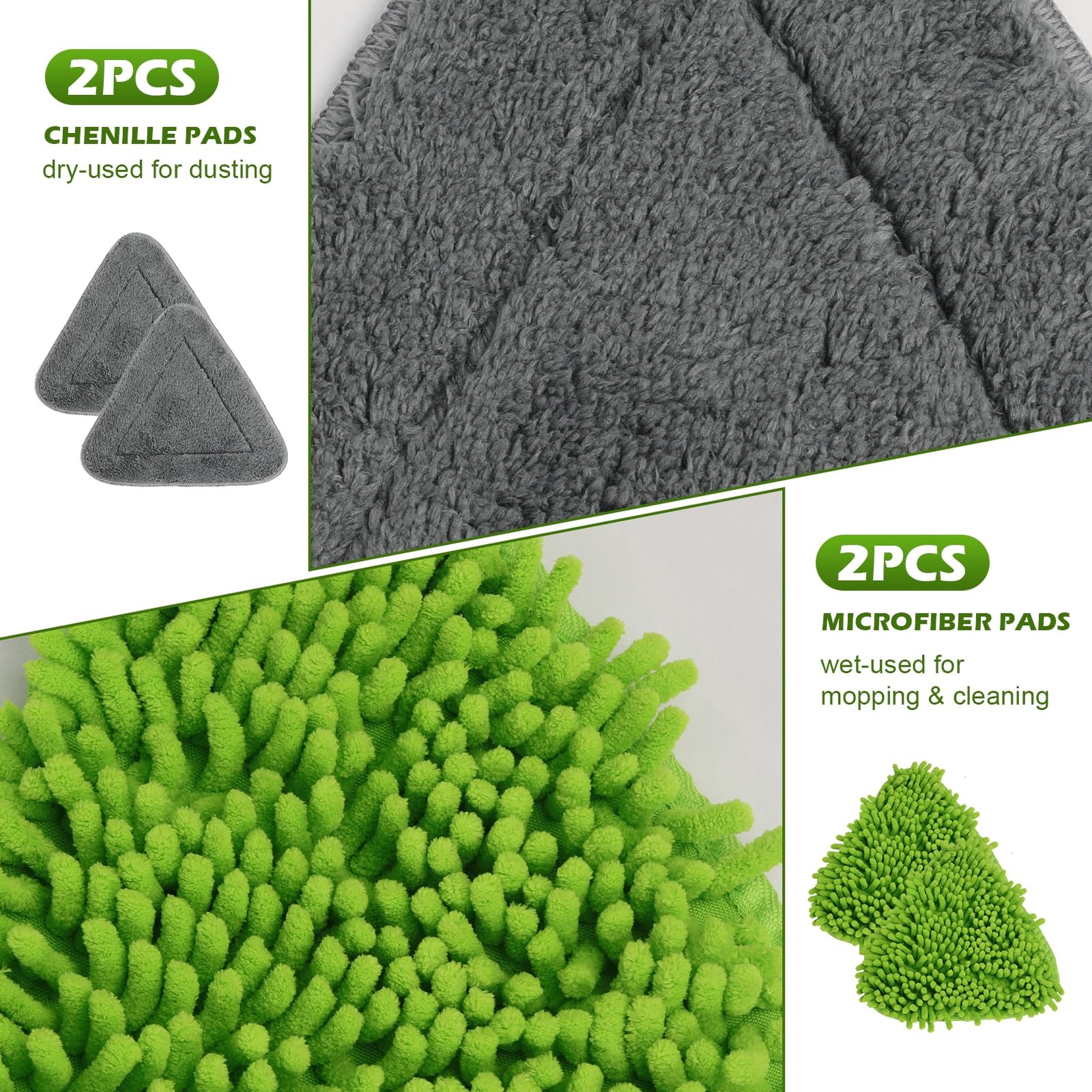 Wall Cleaner Triangle Mop with 82” Long Handle – 4 Pads, Green