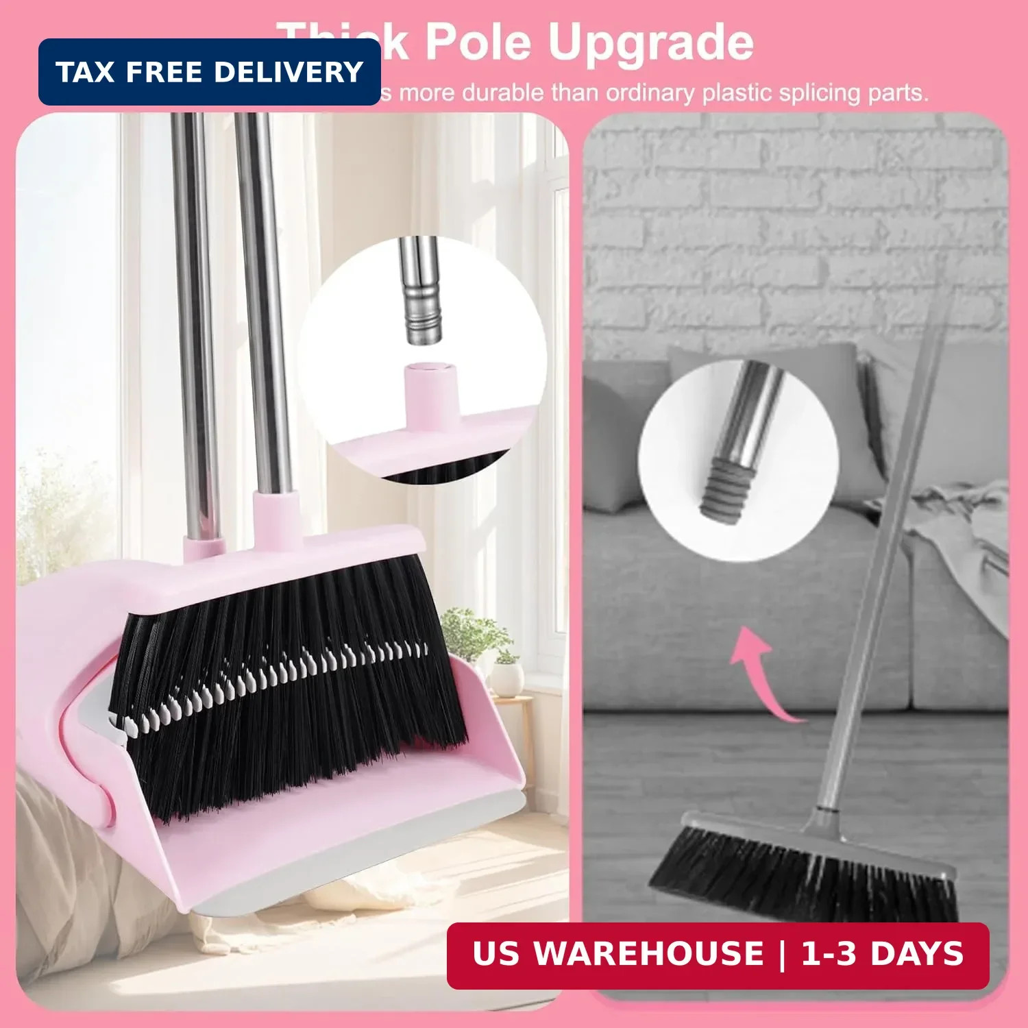 Pink Broom and Dustpan Set for Home, 52-in Long Handle Broom with Dustpan Combo
