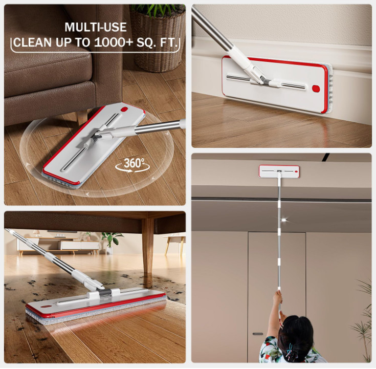 Juego Mopa Plana con Cubo 3 Depósitos 65” y 4 Mopas Lavables para Suelos