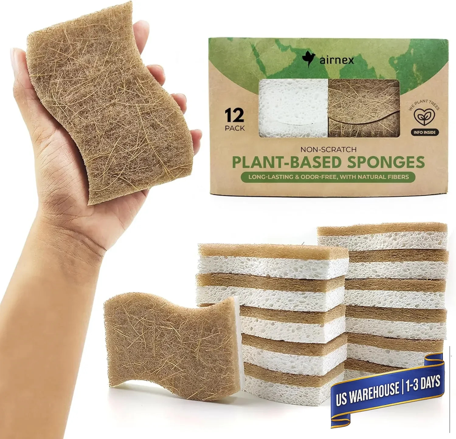 AIRNEX Natural Kitchen Sponges (12 Pack) – Biodegradable Cellulose & Coconut Scr