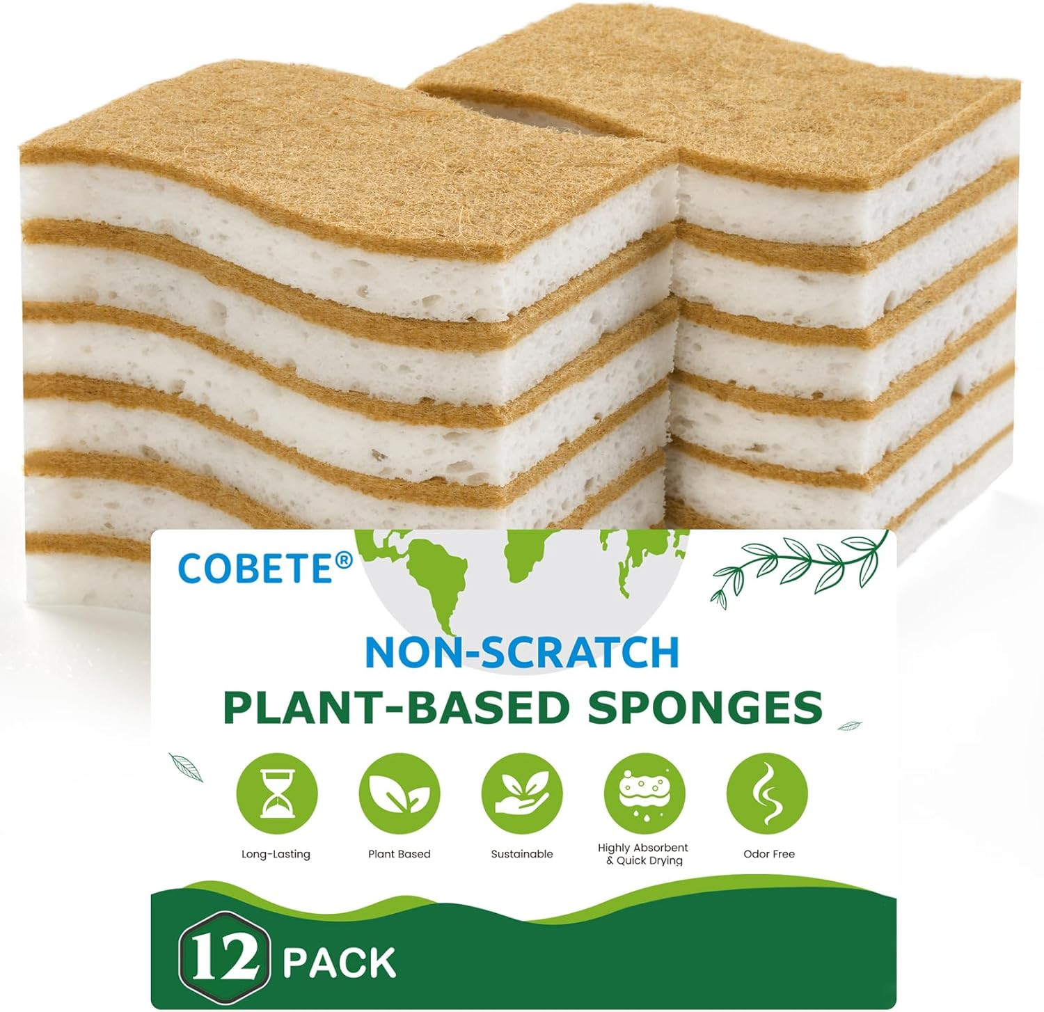 12 Pack Natural Biodegradable Kitchen Non Scratch Sponges,Compostable Plant Base